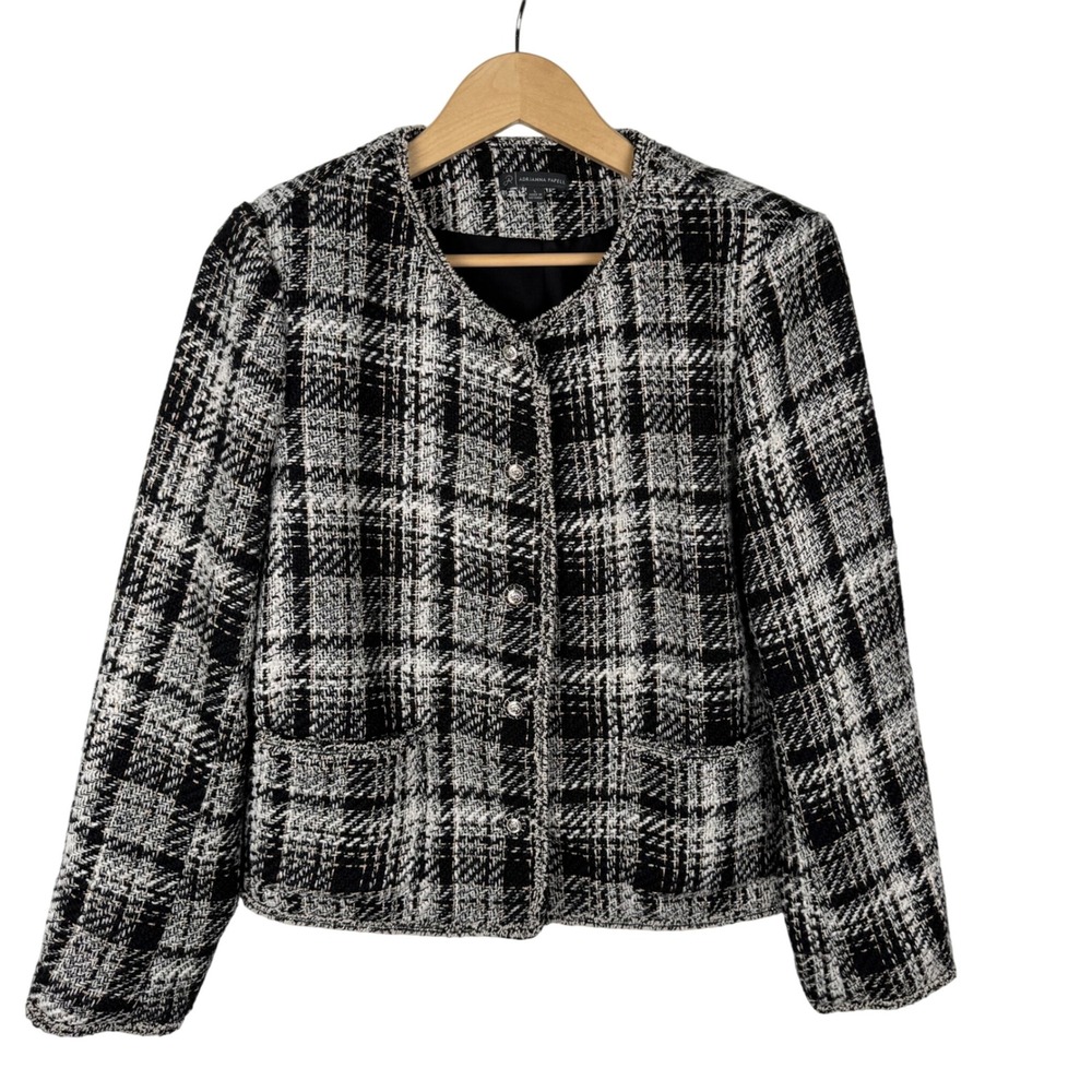 Adrianna Papell‎ Black White Plaid Tweed Blazer Womens L Boucle Jacket Career